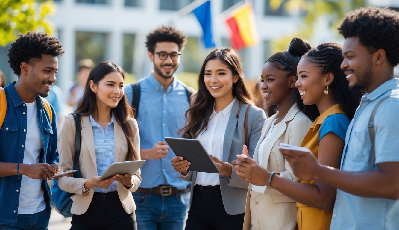 Sekelompok pemuda beragam sedang berdiskusi dan berpartisipasi dalam kegiatan demokrasi di luar ruangan.