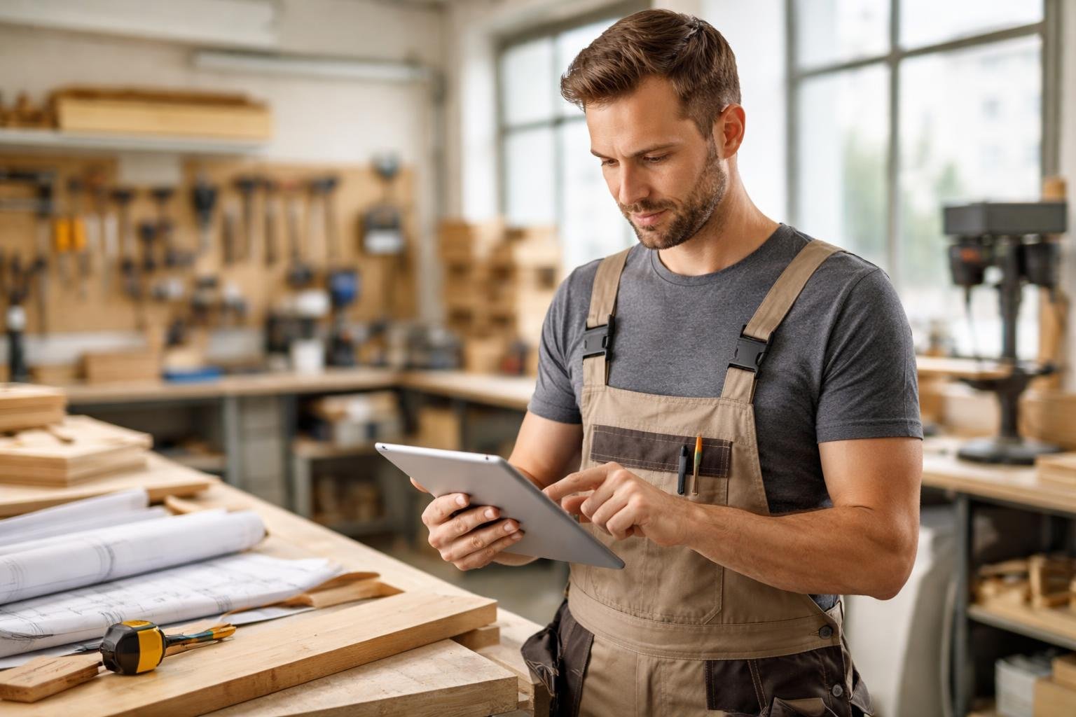 Ein Handwerker in einer Werkstatt in M&uuml;nchen arbeitet konzentriert mit einem digitalen Tablet, um Angebote zu kalkulieren.