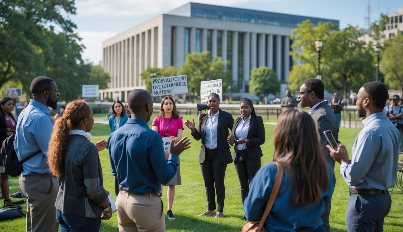 Sekelompok orang dari berbagai usia dan latar belakang sedang berdiskusi di taman kota dengan gedung pemerintahan di latar belakang.