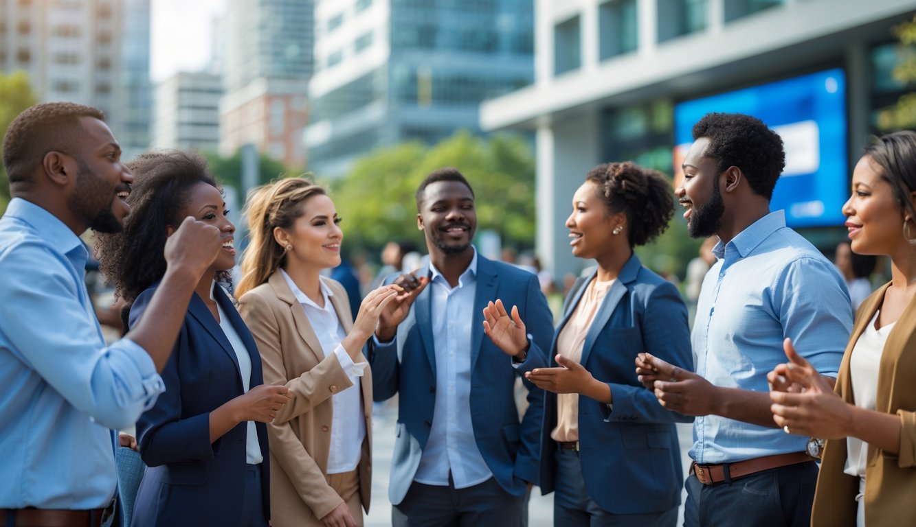 Sekelompok orang dari berbagai latar belakang sedang berdiskusi di luar ruangan dengan latar belakang gedung pemerintahan.