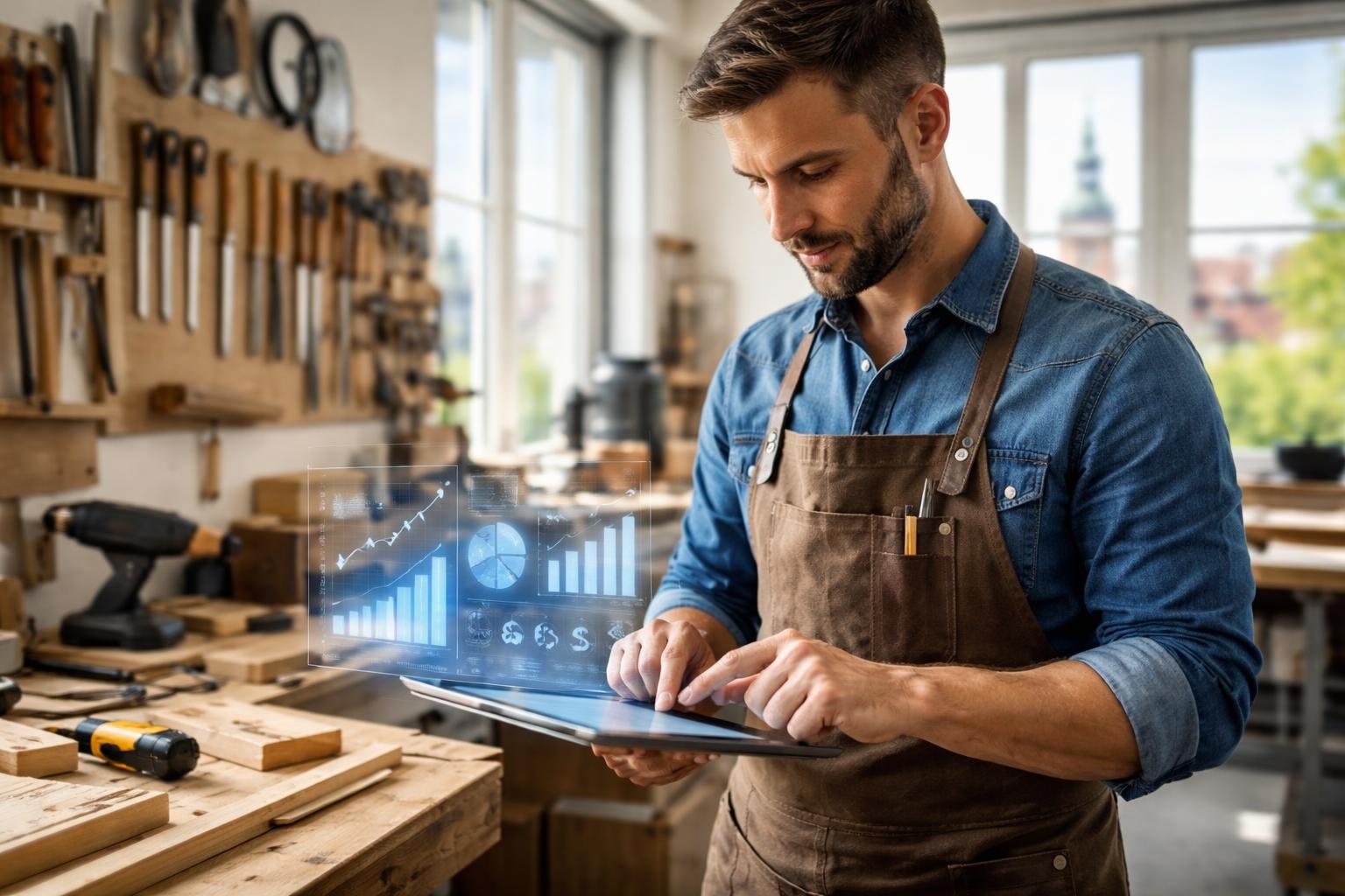 Ein Handwerker in einer Werkstatt in M&uuml;nchen nutzt ein digitales Tablet zur Kalkulation, umgeben von traditionellen Werkzeugen und moderner Technologie.