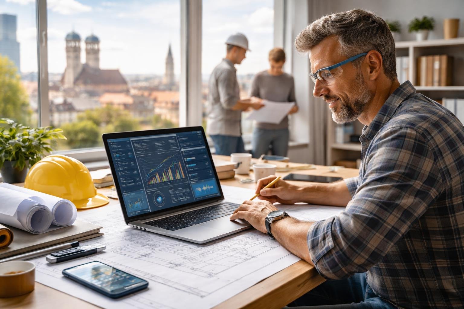 Ein Handwerker arbeitet an einem Laptop mit digitalen Kalkulationen in einem hellen B&uuml;ro mit Blick auf M&uuml;nchen.