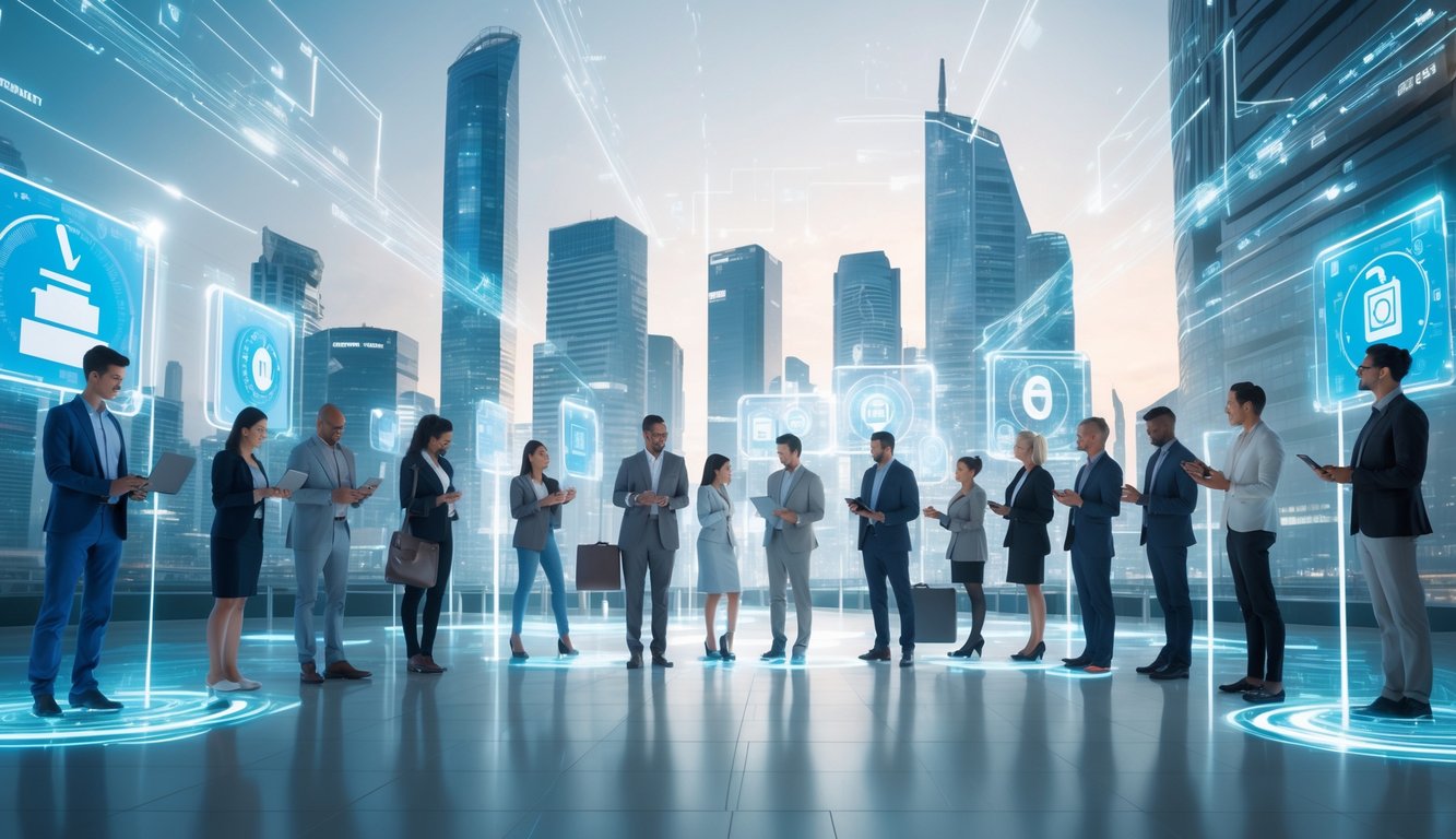 Sekelompok orang beragam usia dan etnis sedang menggunakan perangkat digital di lingkungan perkotaan dengan latar gedung modern dan simbol teknologi yang menggambarkan perubahan demokrasi.