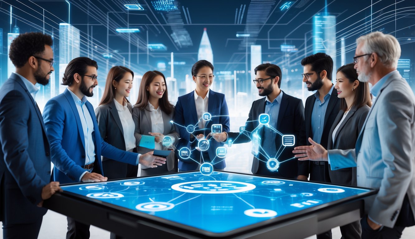 Sekelompok orang beragam sedang berdiskusi di sekitar meja layar sentuh digital dengan latar belakang kota futuristik dan elemen teknologi.