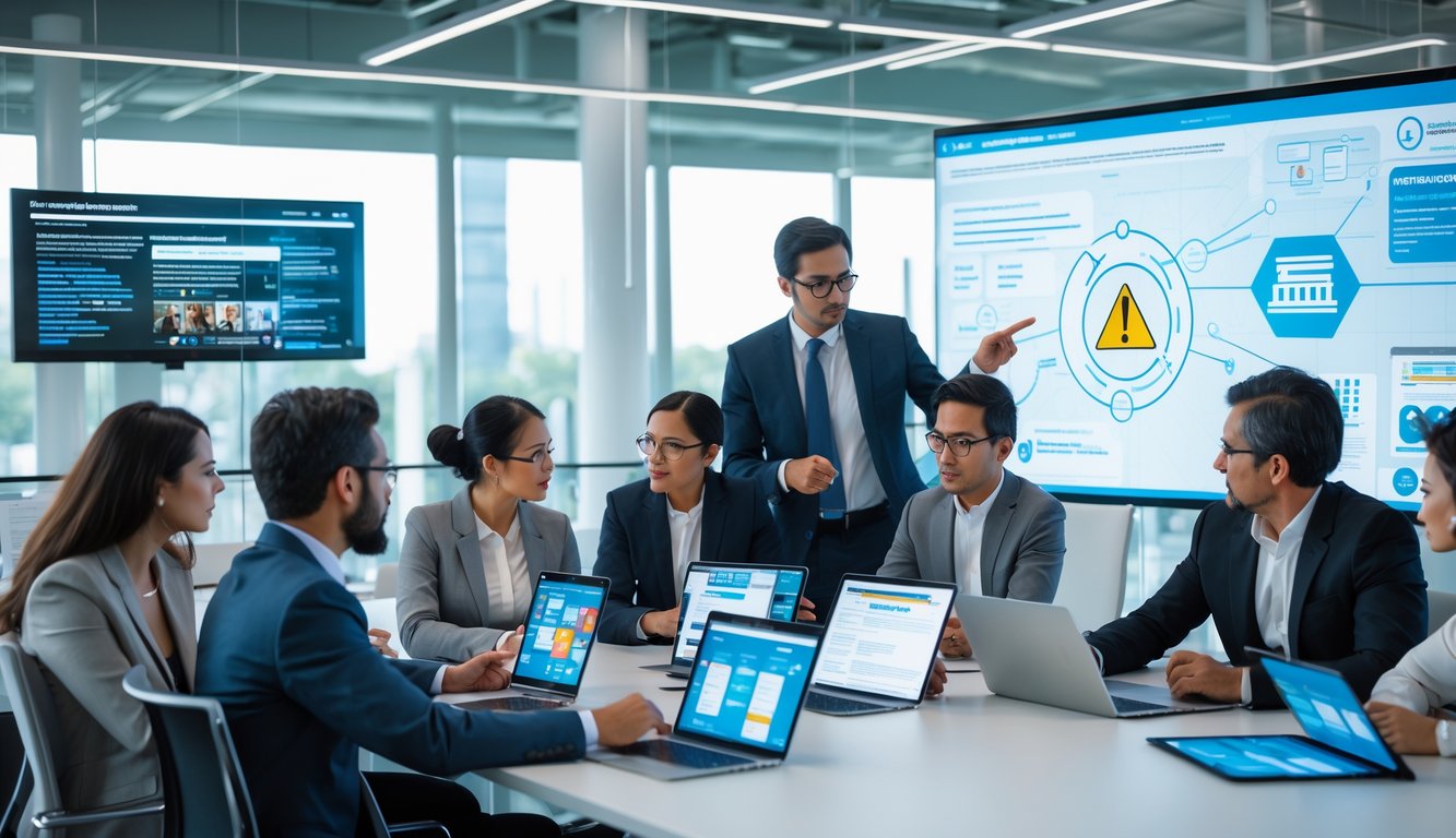 Sekelompok profesional sedang berdiskusi serius di ruang kantor modern tentang tantangan hoaks dan demokrasi di era informasi cepat.