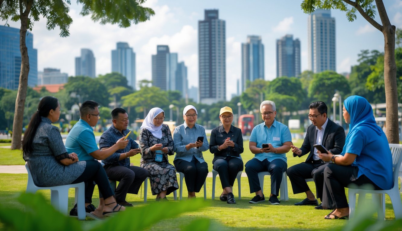 Sekelompok orang Indonesia berdiskusi di taman kota dengan latar gedung modern, beberapa menggunakan ponsel dan tablet.