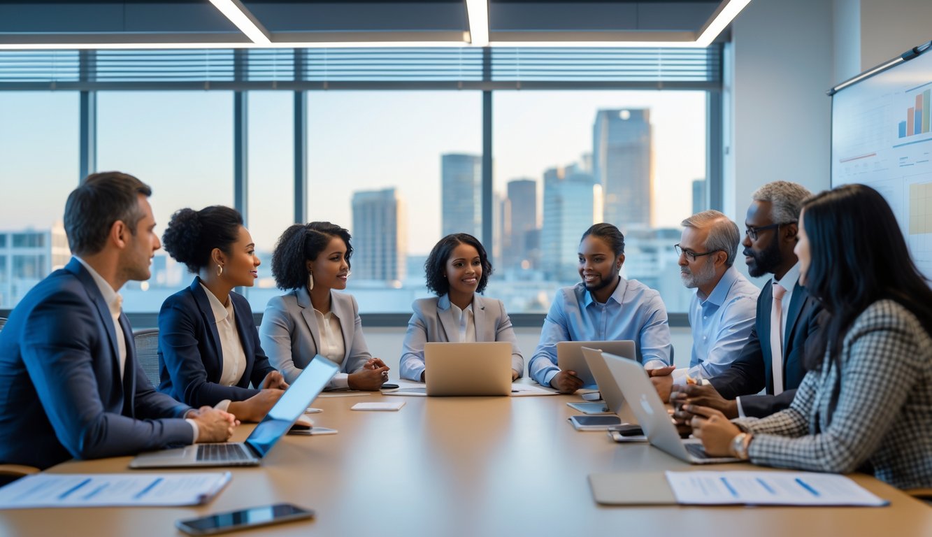 Sekelompok orang beragam berdiskusi serius di sekitar meja konferensi di kantor modern dengan pemandangan kota di latar belakang.