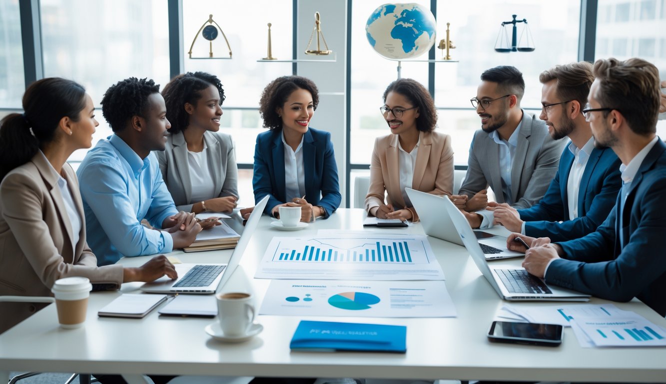 Sekelompok orang beragam sedang berdiskusi serius di meja konferensi dalam ruangan kantor modern dengan cahaya alami.