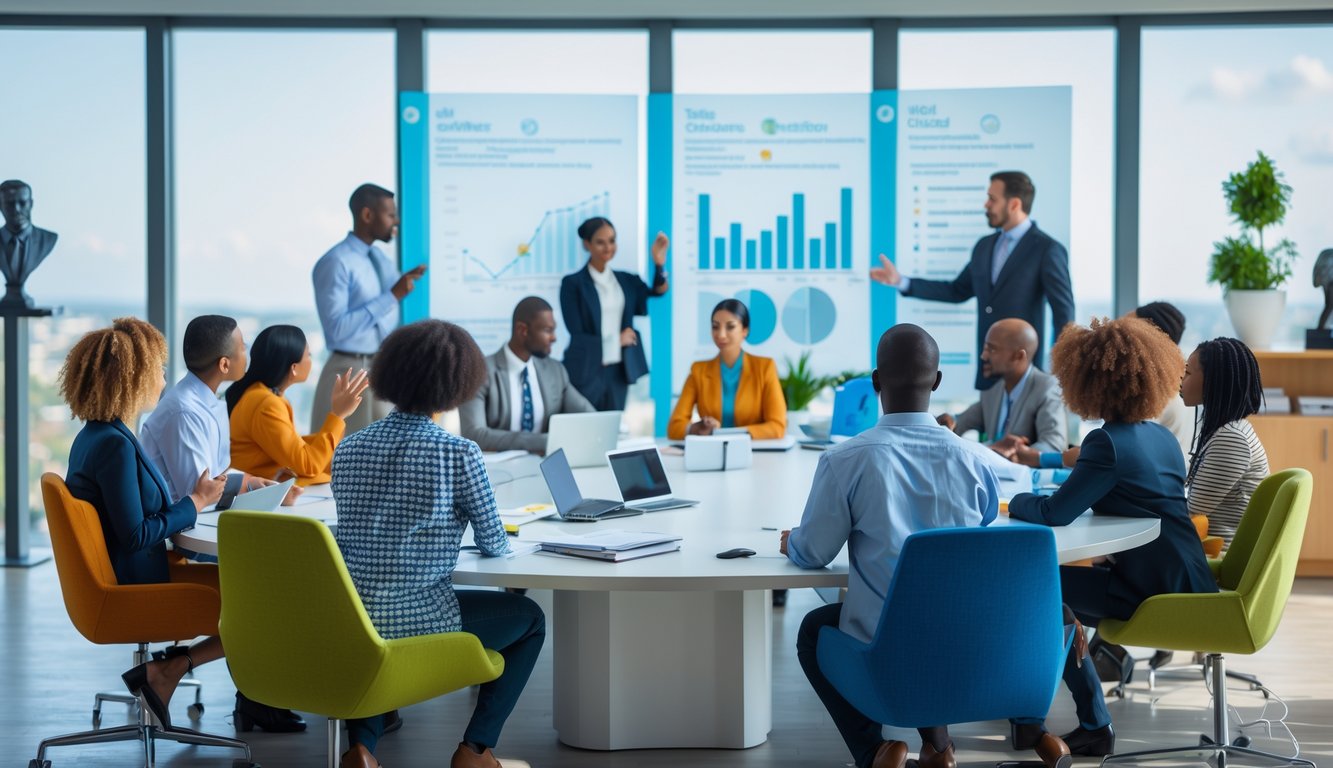 Sekelompok orang beragam usia dan etnis duduk di sekitar meja konferensi besar, aktif berdiskusi dengan suasana terbuka dan kolaboratif.