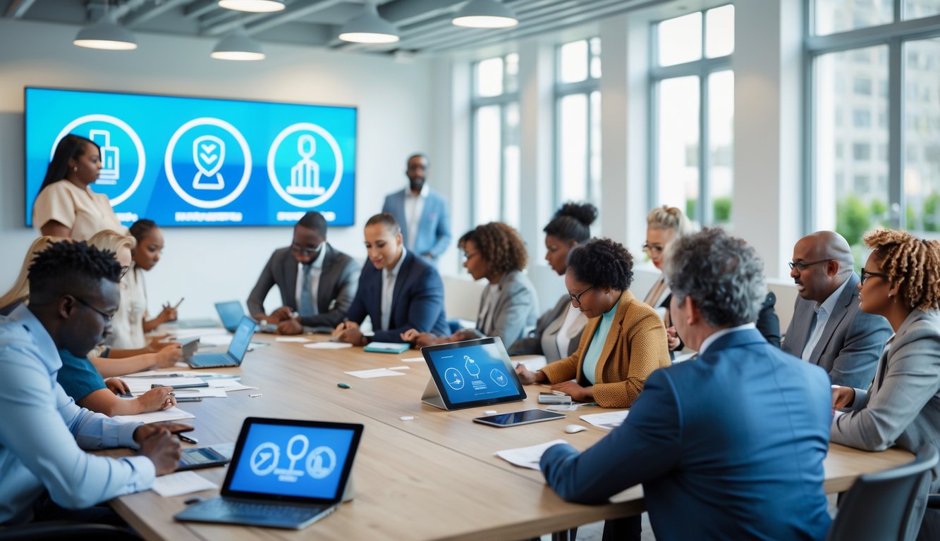 Sekelompok orang beragam usia dan latar belakang sedang berdiskusi dalam pertemuan komunitas di ruangan terang dengan jendela besar, menggunakan perangkat digital dan mencatat.