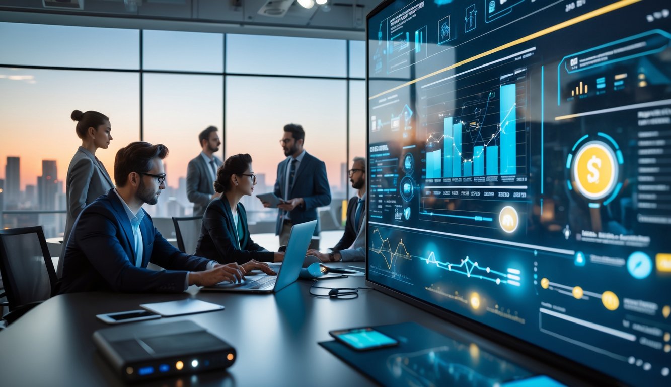 Sejumlah jurnalis dan analis bekerja bersama di ruang berita modern dengan layar digital besar yang menampilkan grafik dan ikon teknologi, dengan pemandangan kota di latar belakang.