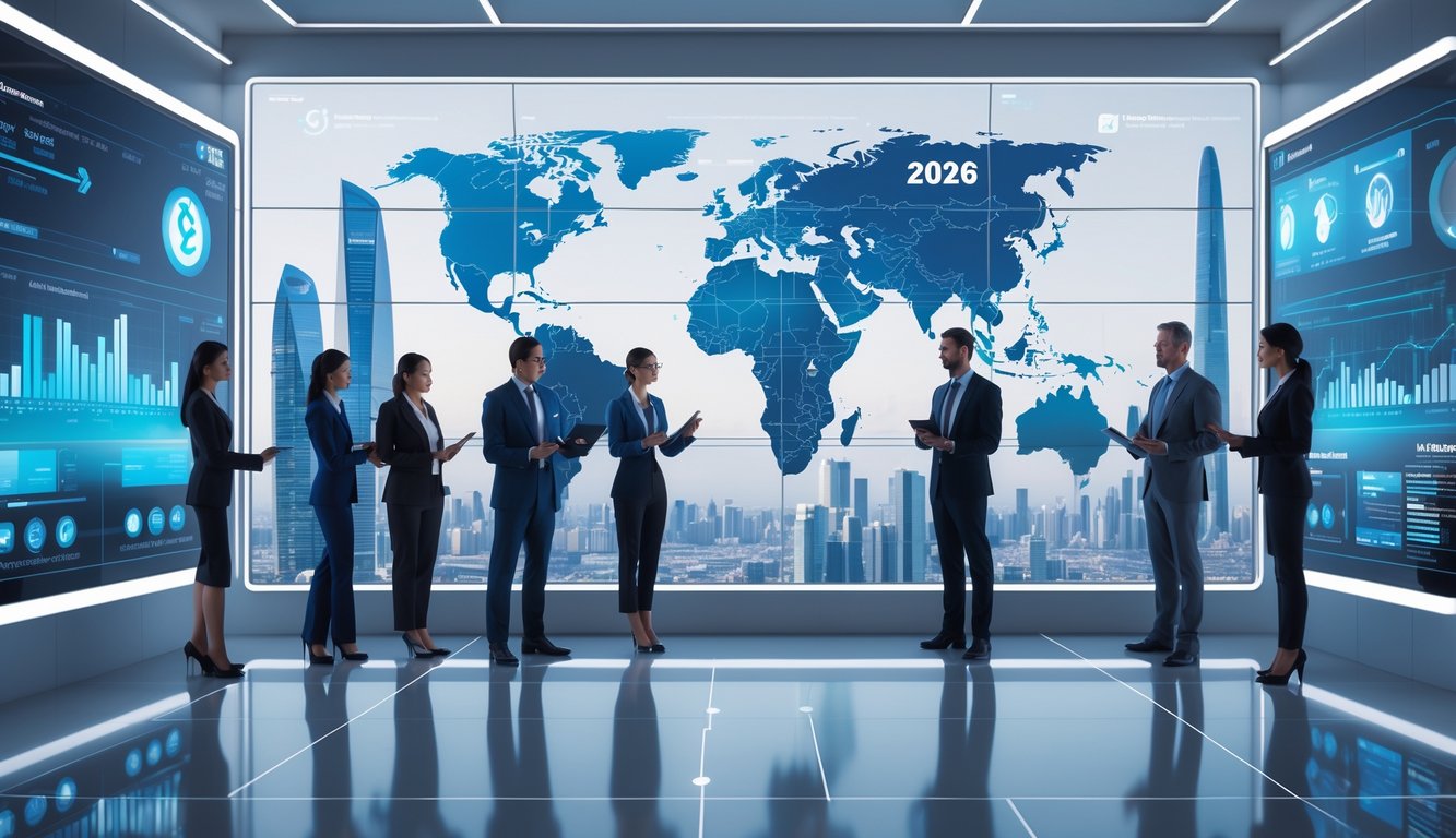 Sekelompok profesional di ruang berita modern dengan layar digital menampilkan grafik dan peta dunia, latar belakang kota dengan gedung pencakar langit futuristik.