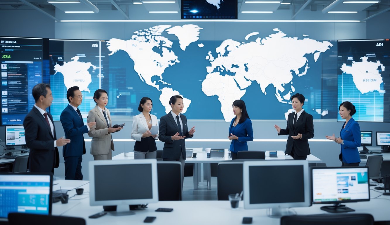 Suasana ruang berita modern dengan peta dunia menyoroti Amerika, Jepang, dan Eropa, serta jurnalis yang sedang bekerja.