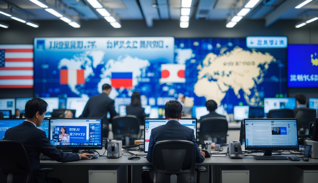 Suasana ruang berita modern dengan jurnalis yang sedang bekerja dan layar besar menampilkan peta dunia dan berita internasional.