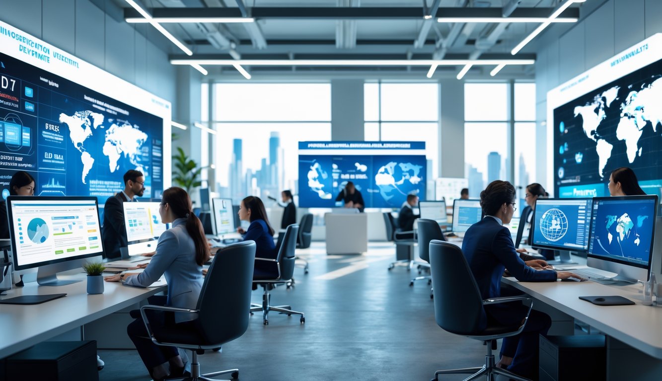 Sejumlah jurnalis bekerja di ruang berita modern dengan layar komputer dan pemandangan kota di latar belakang.