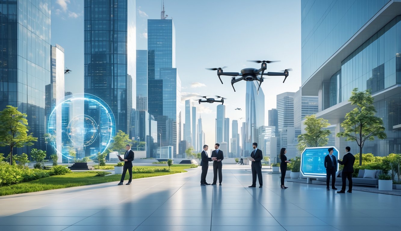 Pemandangan kota modern dengan gedung pencakar langit, orang-orang bekerja dengan perangkat teknologi, dan drone terbang di langit.