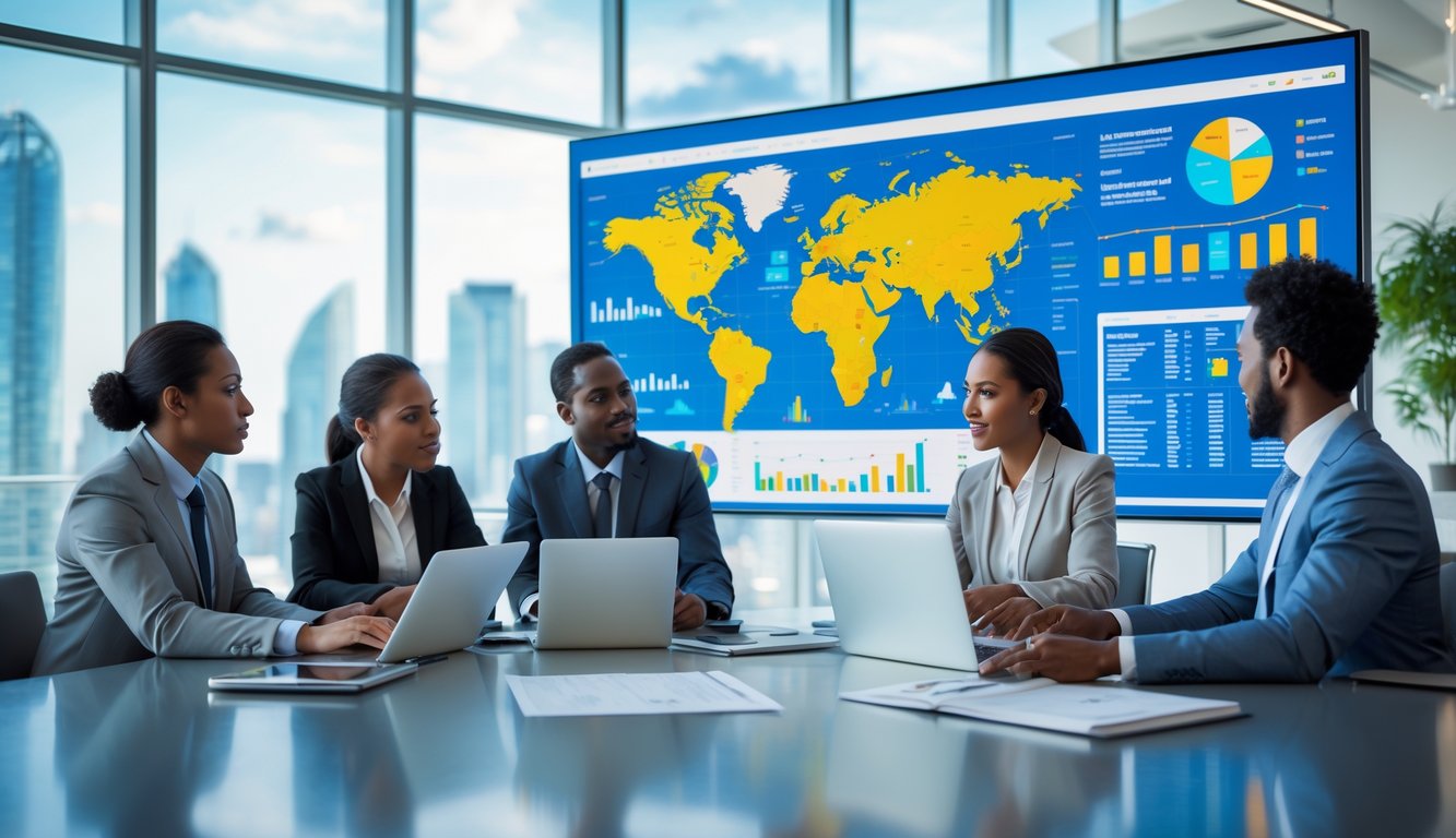 Sekelompok profesional bisnis berdiskusi di kantor modern dengan layar digital yang menampilkan peta dunia dan grafik ekonomi.