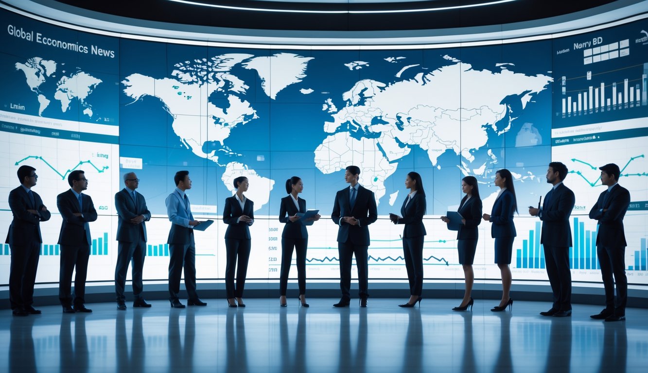 Sekelompok profesional bisnis berdiskusi di kantor modern dengan layar digital yang menampilkan peta dunia dan grafik keuangan.