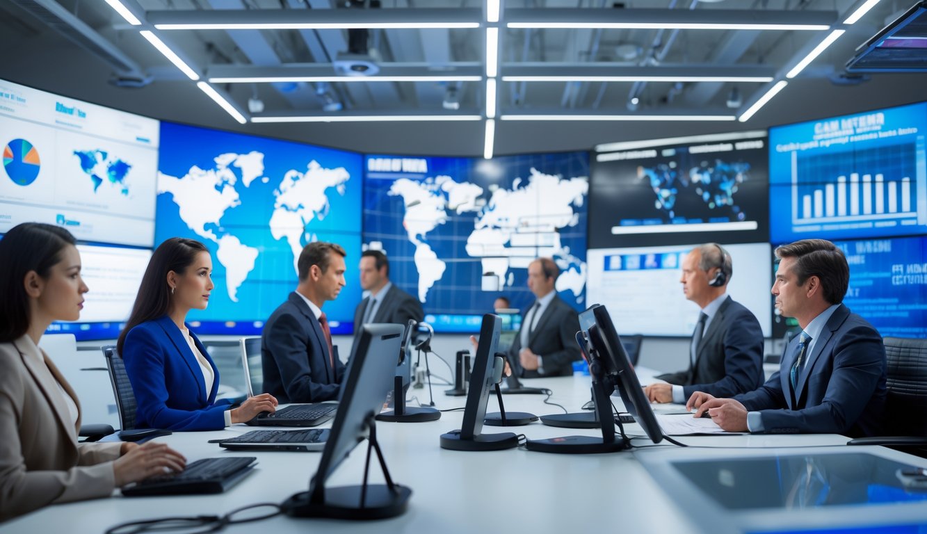 Suasana ruang berita modern dengan jurnalis dan penyiar yang sedang bekerja, layar digital besar menampilkan peta dunia dan grafik, menunjukkan peliputan berita negara maju.