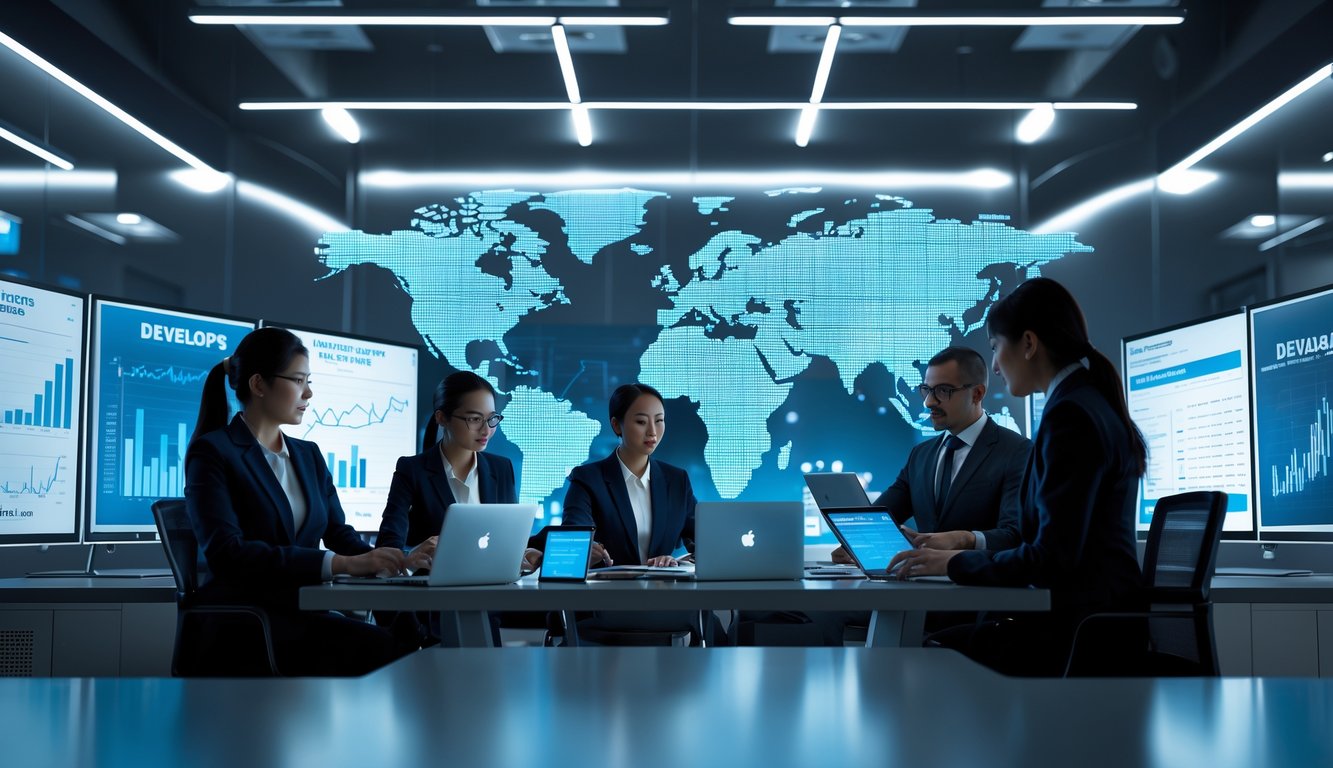 Sejumlah profesional bisnis di kantor modern sedang berdiskusi dan menganalisis data ekonomi global dengan layar digital besar di latar belakang yang menampilkan peta dunia.