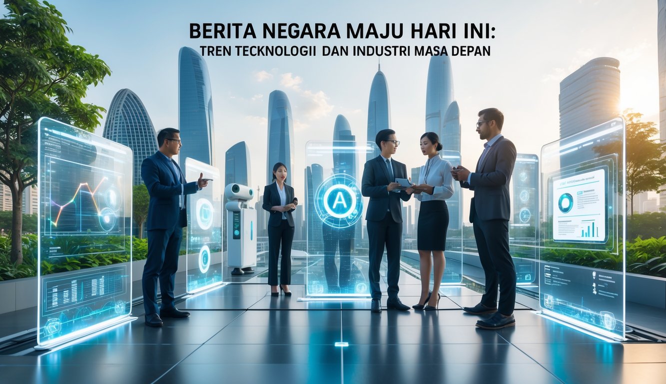 Sekelompok profesional bekerja bersama di depan layar digital transparan dengan latar belakang kota modern dan teknologi canggih.
