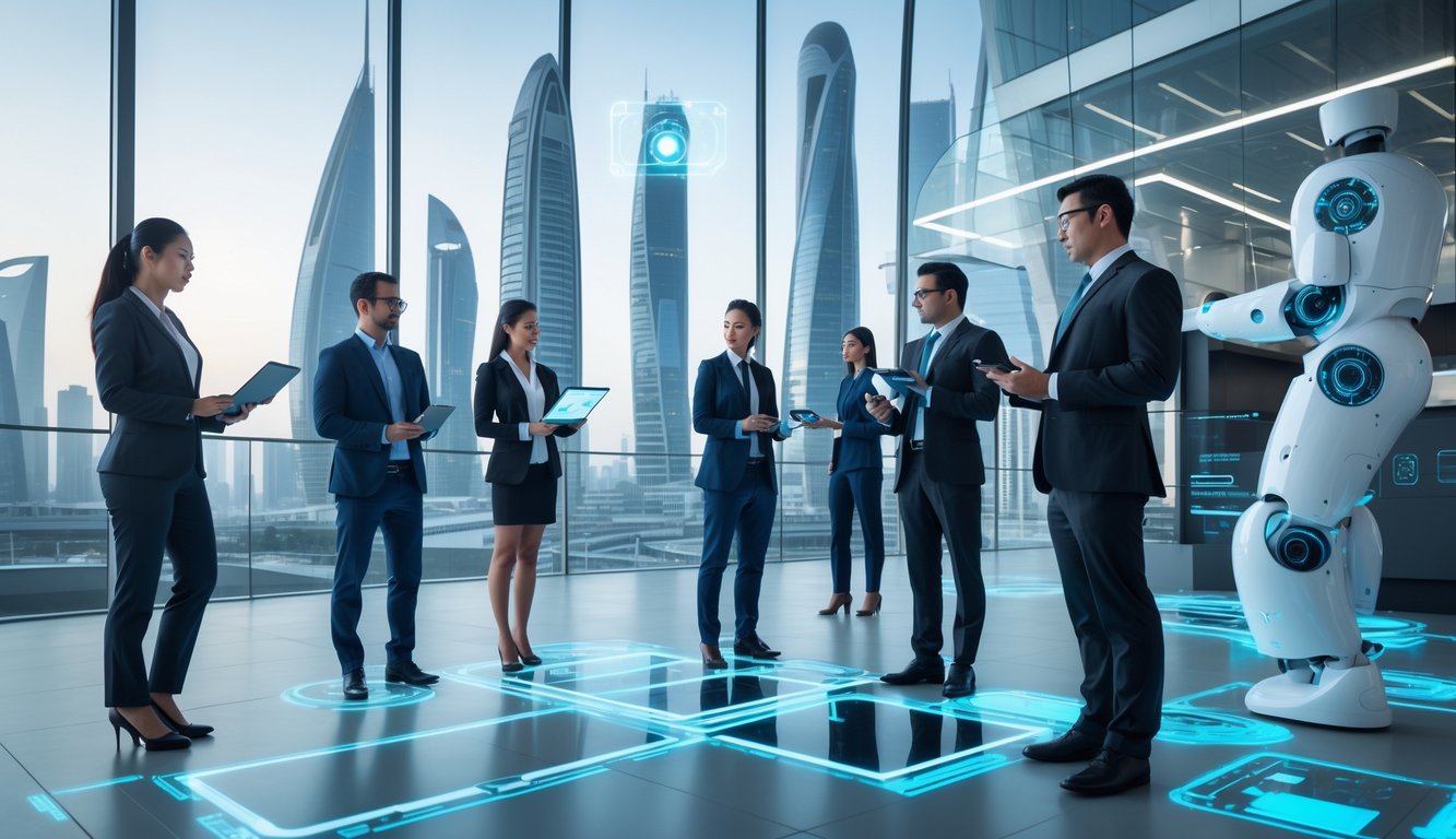 Pemandangan kota modern dengan gedung pencakar langit dan profesional yang menggunakan perangkat teknologi canggih.