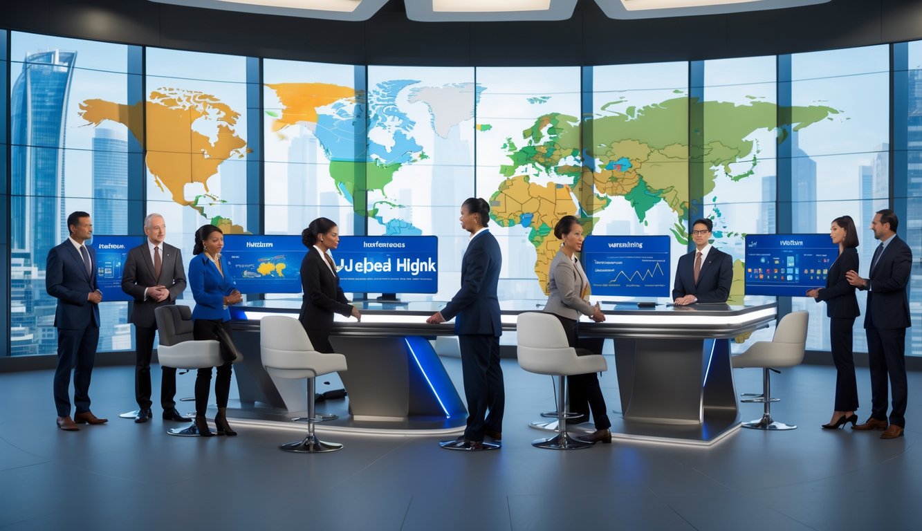 Sejumlah jurnalis profesional sedang bekerja di studio berita modern dengan layar digital dan pemandangan kota di latar belakang.