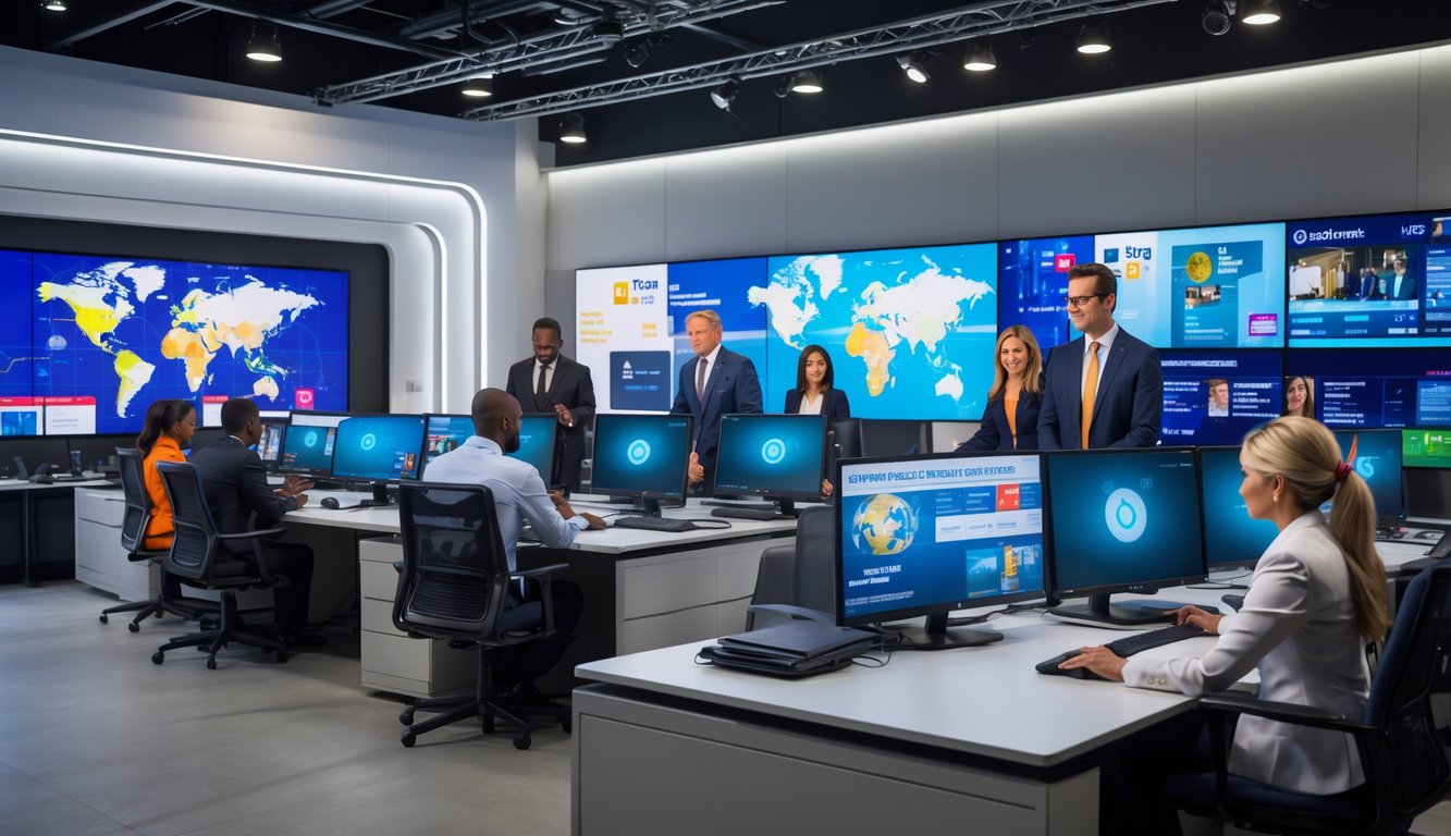 Sejumlah jurnalis bekerja di ruang berita modern dengan layar komputer dan layar besar menampilkan peta dunia dan grafik berita.