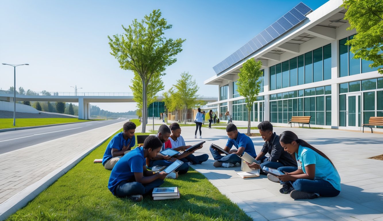 Sekelompok siswa belajar di luar dekat gedung sekolah modern dengan latar belakang jembatan baru dan jalan yang bersih.