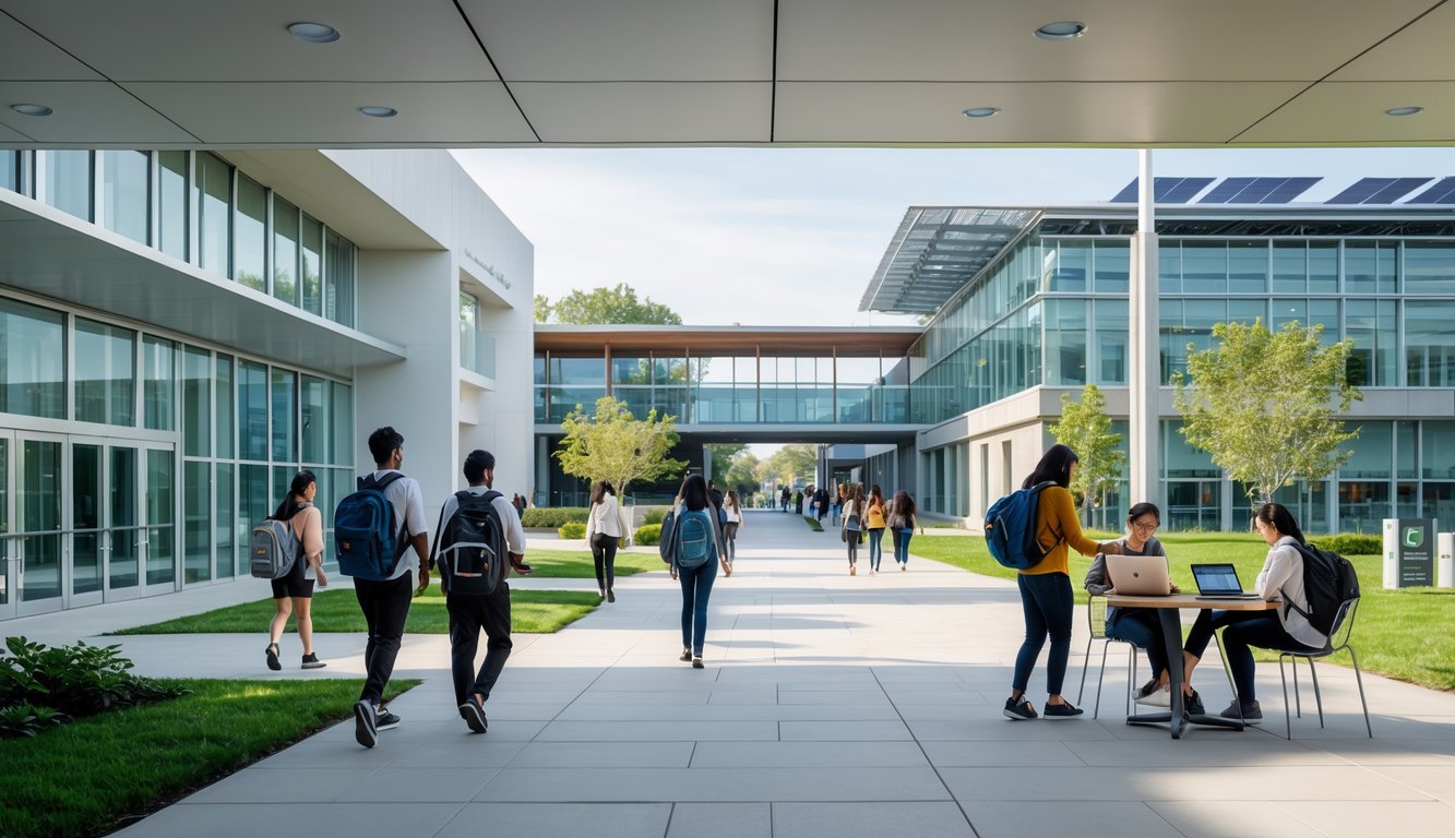 Kampus universitas modern dengan mahasiswa beragam sedang belajar dan berjalan di area terbuka dengan gedung kaca dan infrastruktur hijau di latar belakang.