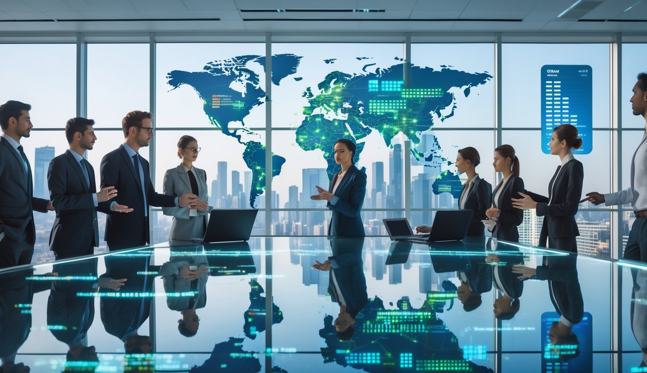 Sekelompok profesional bisnis sedang menganalisis data pasar global di kantor modern dengan pemandangan kota dan layar digital yang menampilkan grafik keuangan.