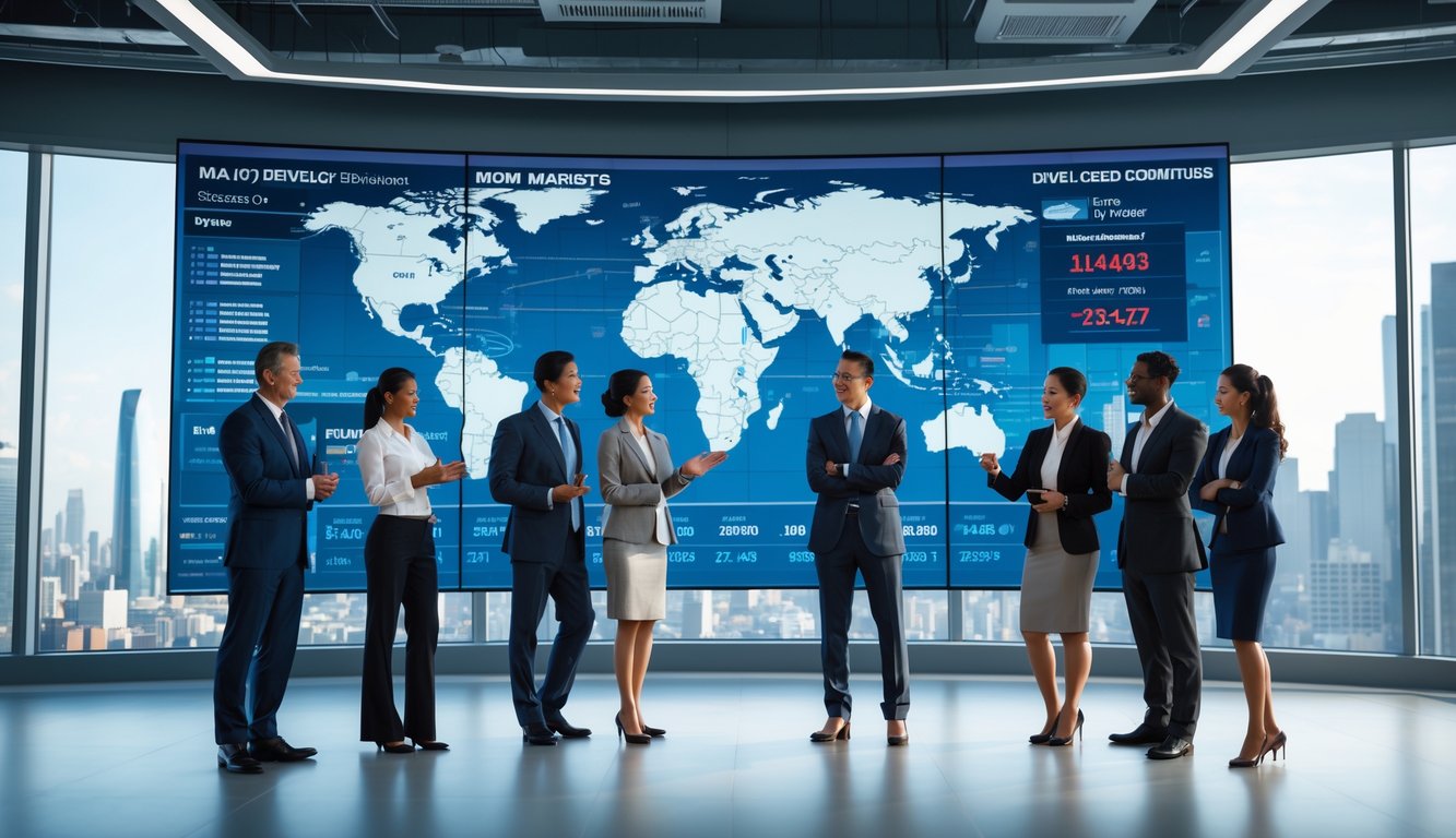 Sekelompok profesional bisnis sedang berdiskusi di kantor modern dengan layar digital menampilkan peta dunia dan grafik pasar saham.