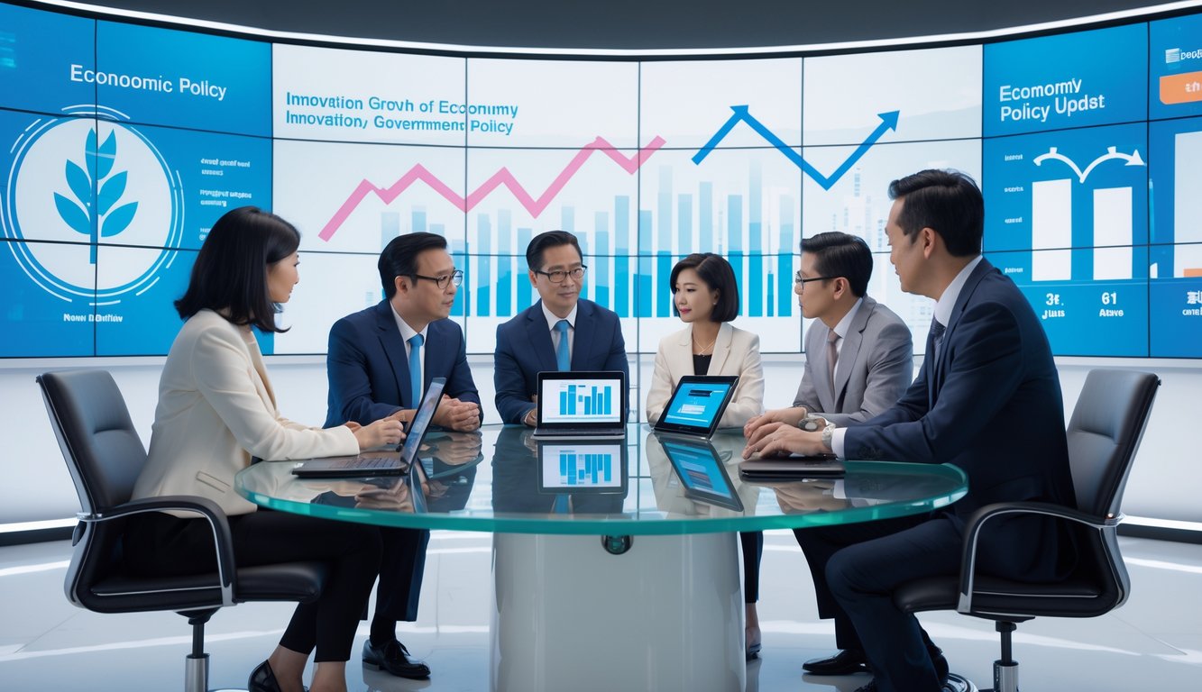 Sekelompok jurnalis dan analis sedang berdiskusi di studio berita modern dengan layar digital besar di latar belakang yang menampilkan grafik abstrak tentang inovasi, ekonomi, dan kebijakan terbaru.