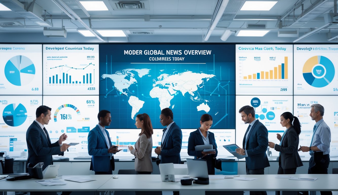Sekelompok profesional di ruang berita modern dengan layar digital menampilkan peta dunia dan grafik ekonomi.