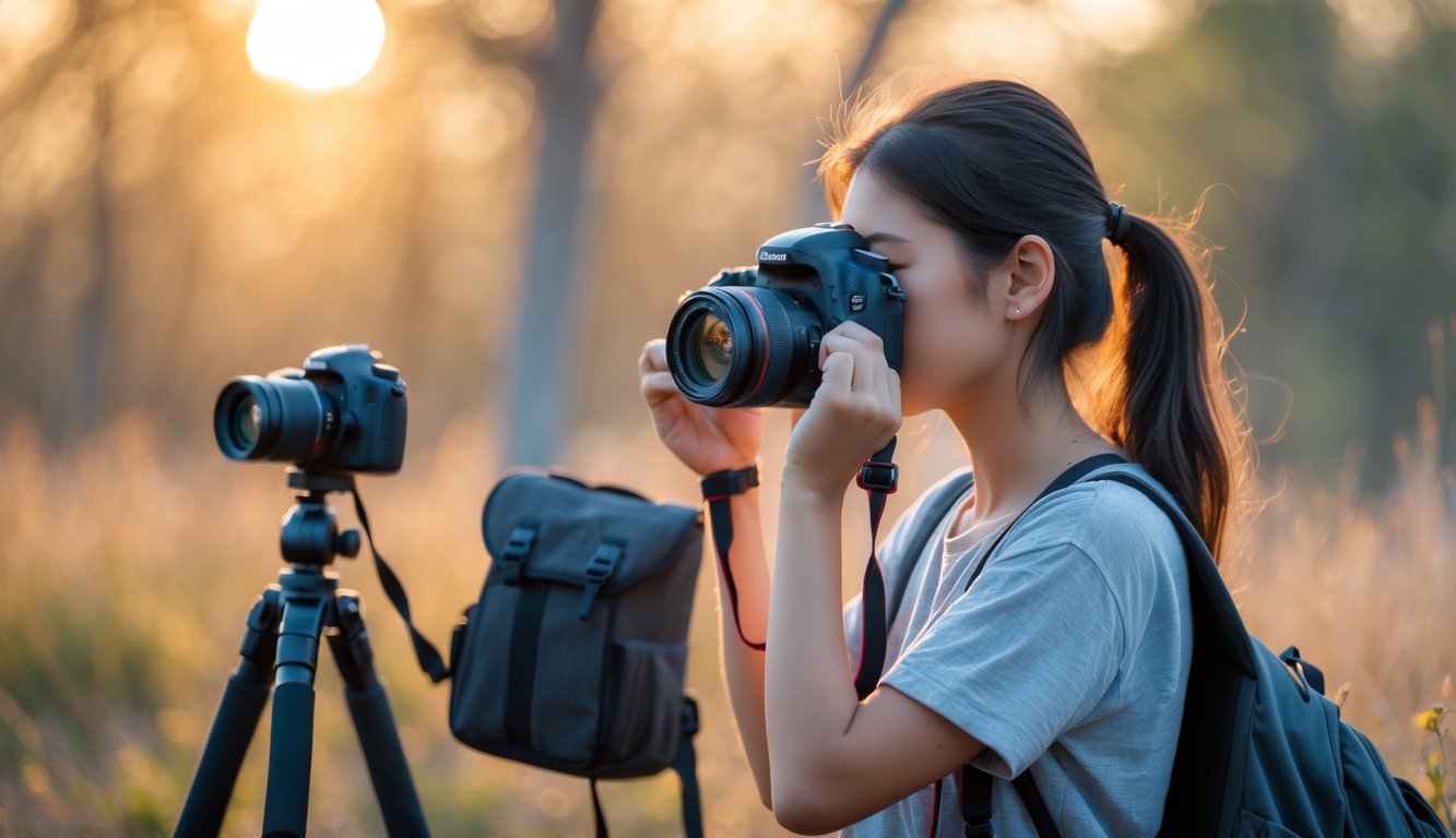 Seorang fotografer pemula sedang memegang kamera DSLR di luar ruangan dengan latar belakang alam dan cahaya matahari hangat.