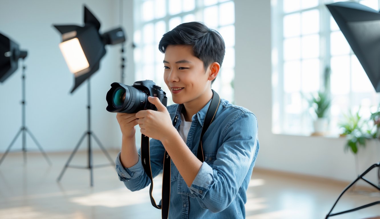 Seorang pemula memegang kamera DSLR di studio fotografi dengan peralatan di latar belakang.