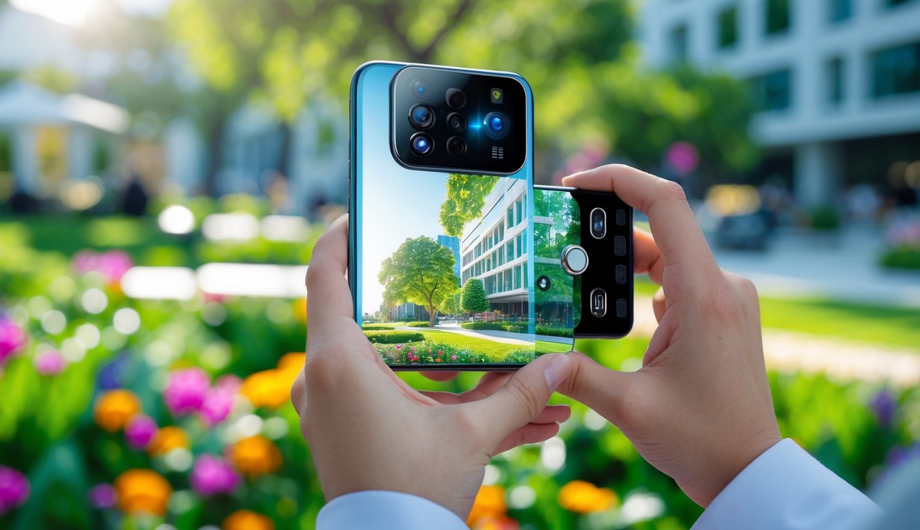 Seseorang memegang ponsel modern dan mengambil foto di taman kota yang hijau dan cerah.