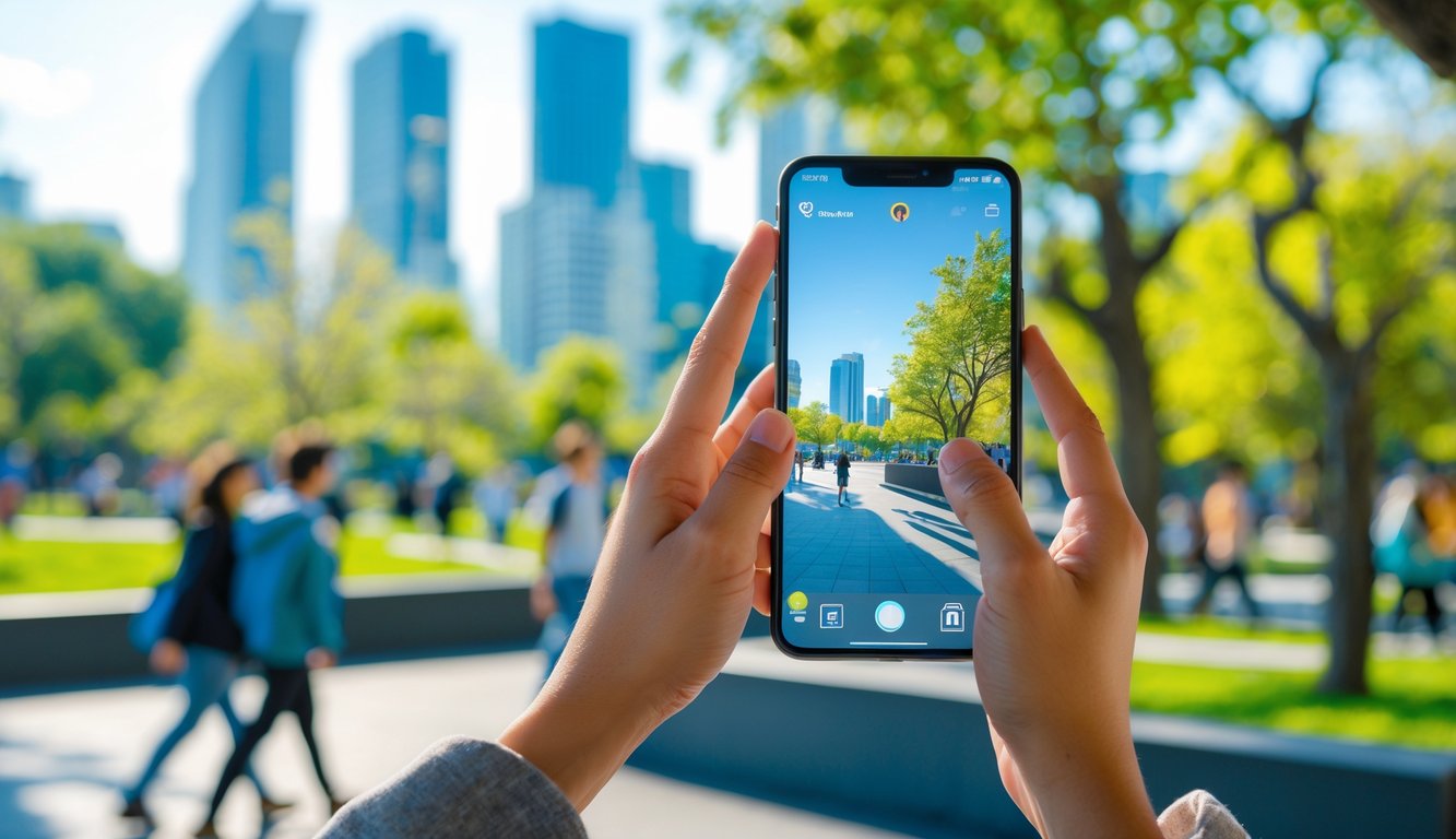 Seseorang memegang smartphone dan sedang mengambil foto di taman dengan latar belakang kota.
