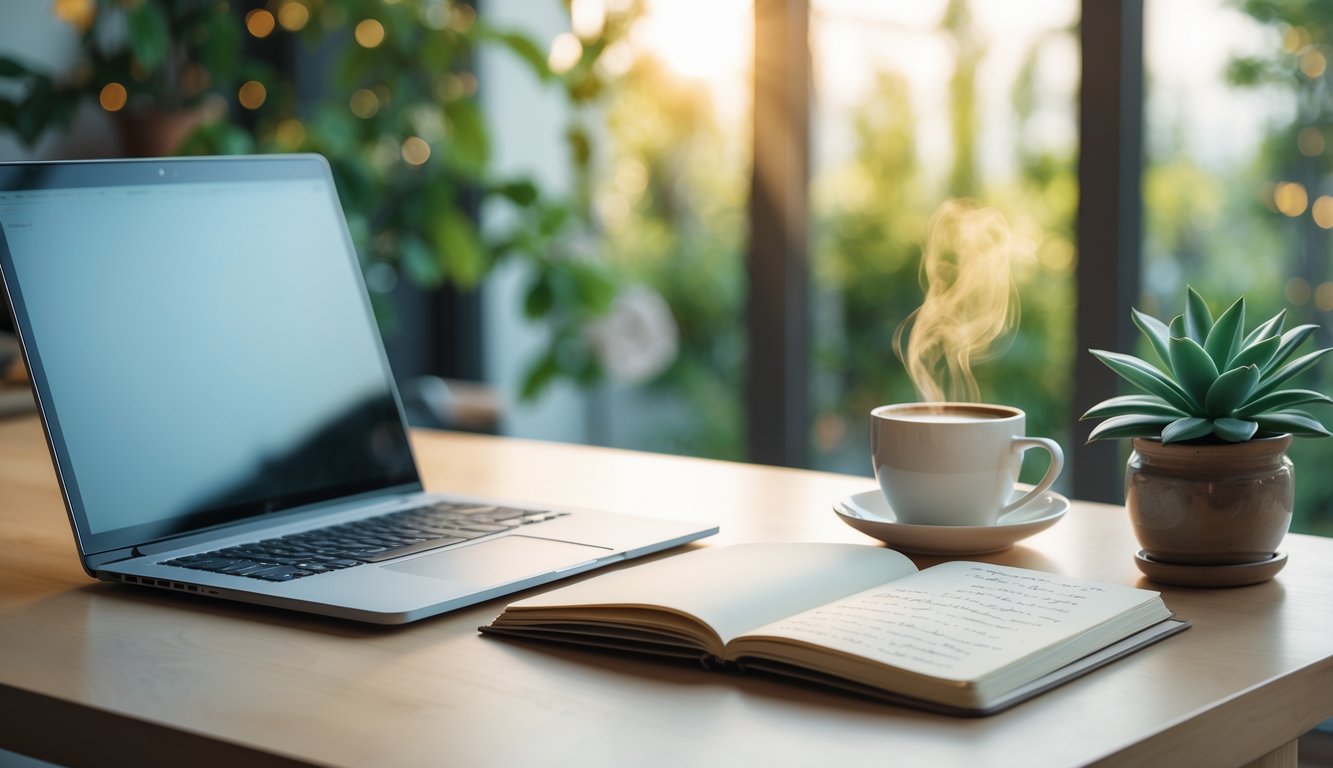 Meja kerja dengan laptop, buku catatan terbuka, cangkir kopi, dan tanaman kecil di dalam ruangan dengan pencahayaan alami.