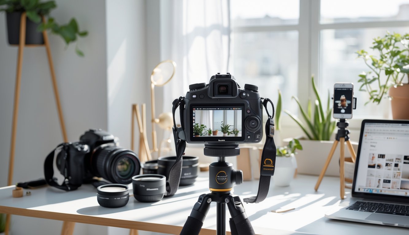 Ruang kerja modern dengan kamera DSLR di tripod, meja dengan perlengkapan fotografi, dan laptop yang menampilkan perangkat lunak pengeditan foto.