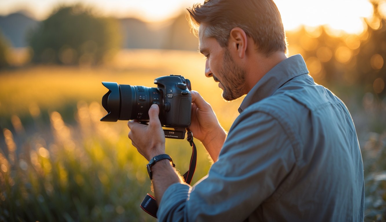 Seorang fotografer sedang memotret di luar ruangan dengan cahaya alami yang hangat dan lembut pada saat matahari terbenam.