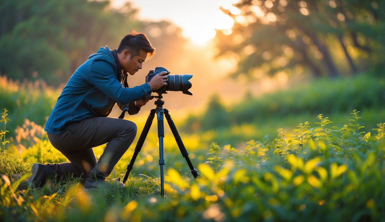 Seorang fotografer sedang mengambil gambar pemandangan alam dengan cahaya matahari alami di luar ruangan.
