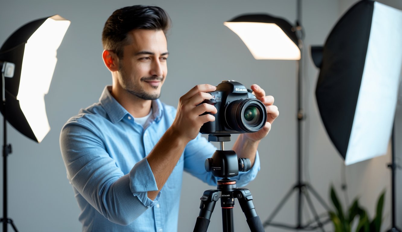Seorang fotografer sedang mengatur kamera di studio fotografi dengan lampu dan peralatan di latar belakang.
