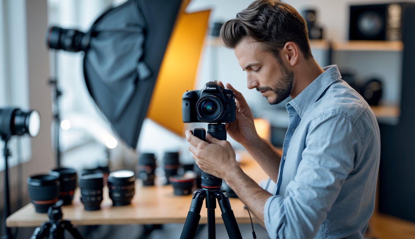 Seorang fotografer sedang mengatur kamera DSLR di studio dengan perlengkapan fotografi di sekitarnya.