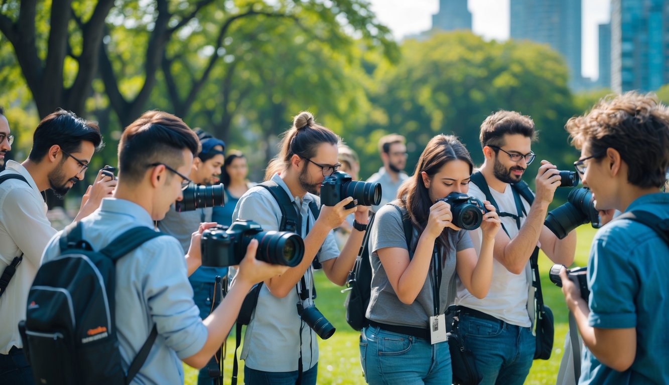 Sekelompok orang sedang belajar fotografi di luar ruangan dengan berbagai kamera, di taman dengan latar gedung kota.