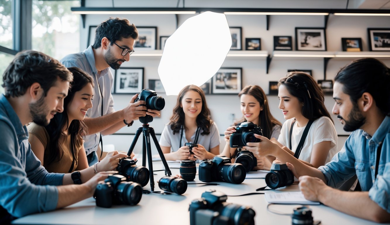 Sekelompok orang belajar fotografi di ruang kelas dengan peralatan kamera dan instruktur yang mengajarkan teknik dasar.