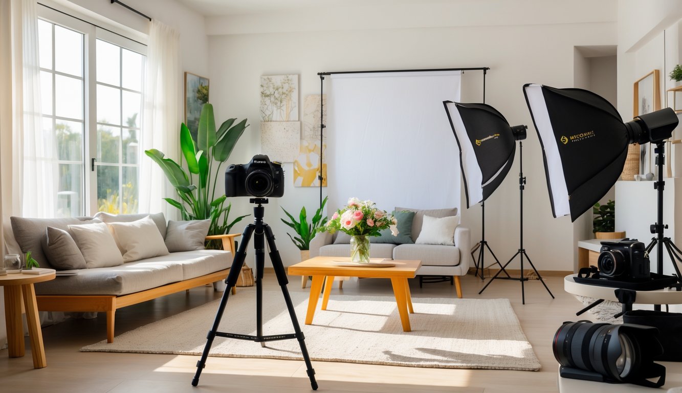 Ruangan tamu rumah yang terang dengan peralatan fotografi yang disiapkan untuk sesi pemotretan.