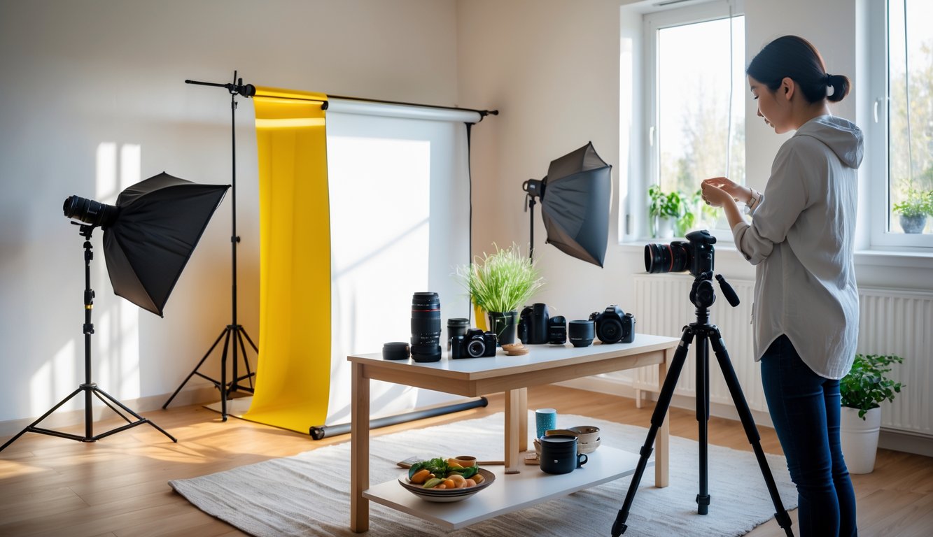 Seseorang sedang menyiapkan alat fotografi di dalam rumah dengan kamera di tripod dan perlengkapan pencahayaan di sekitar.