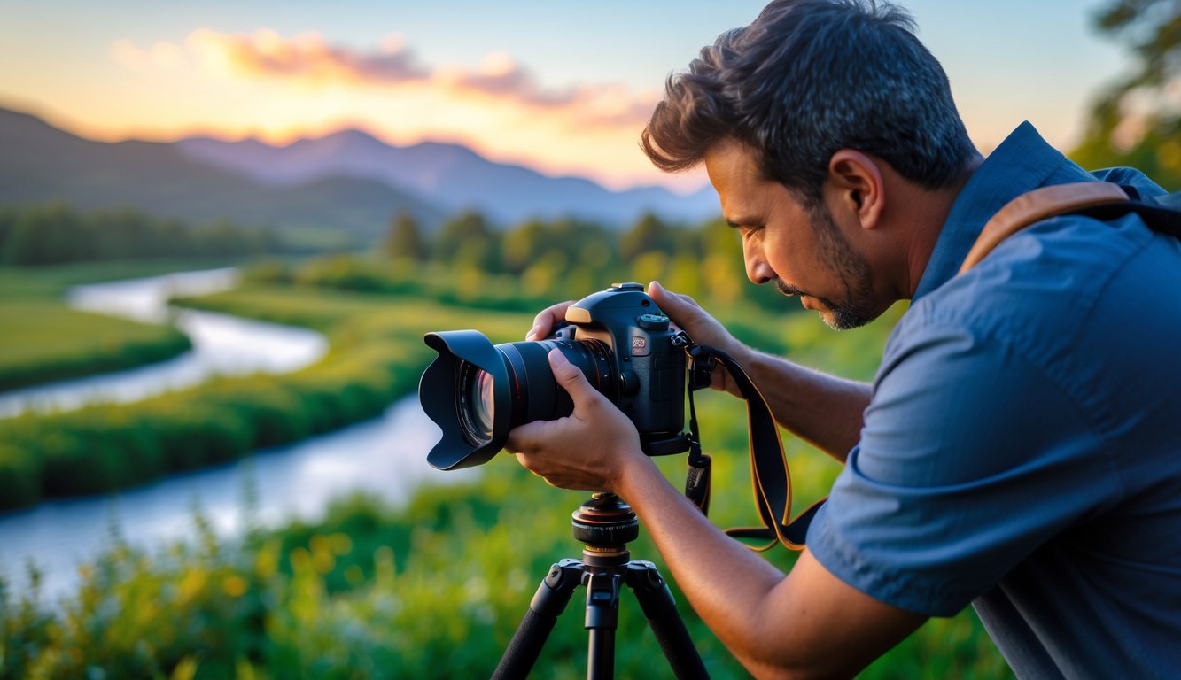 Seorang fotografer sedang mengatur kamera di luar ruangan dengan pemandangan alam yang indah di latar belakang.