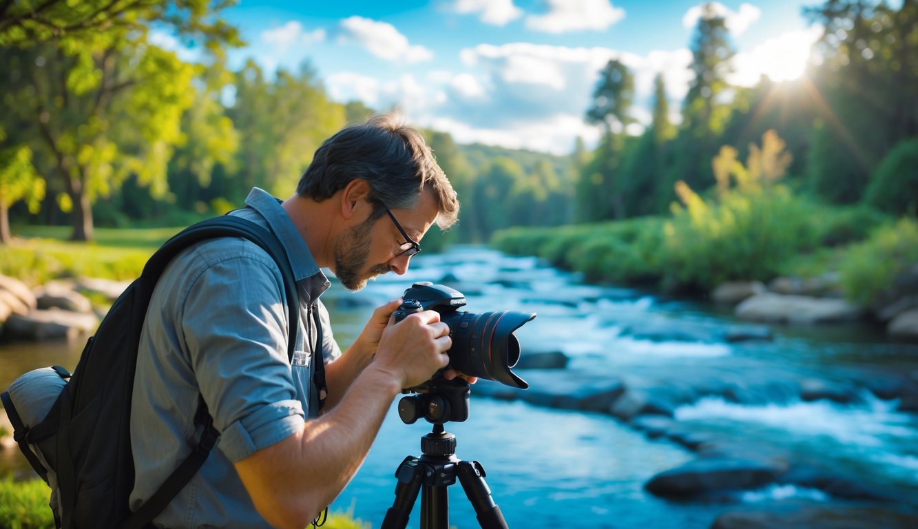 Seorang fotografer sedang mengatur kamera di luar ruangan dengan latar pemandangan alam yang seimbang dan indah.